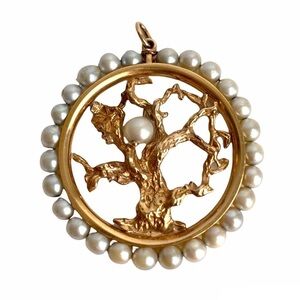 Vintage 60s 14K Gold Pearl Tree Of Life Pendant Charm